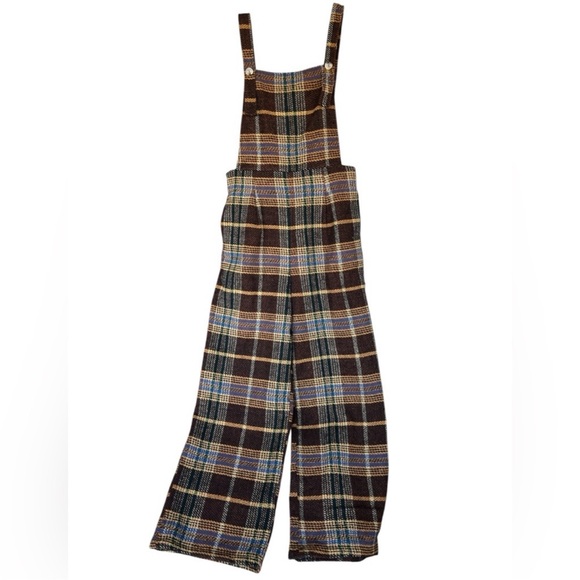 Cider Pants - Cider Plaid Wide-Leg Overall Jumpsuit in Brown and Blue Tweed Size M